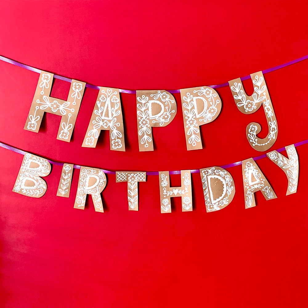 Birds, Hearts, & Words - A Banner!- "Happy Birthday" on red background