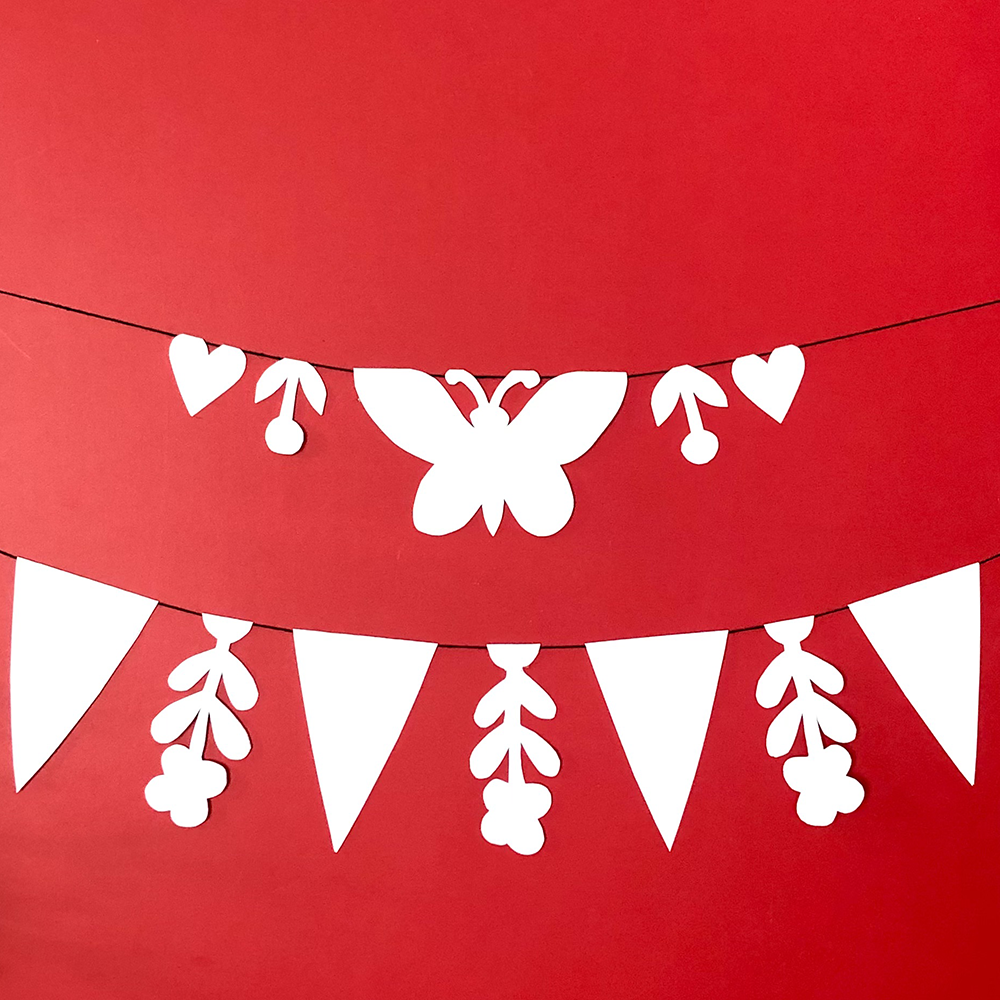 Birds, Hearts, & Words - A Banner! class sample with shapes on red background