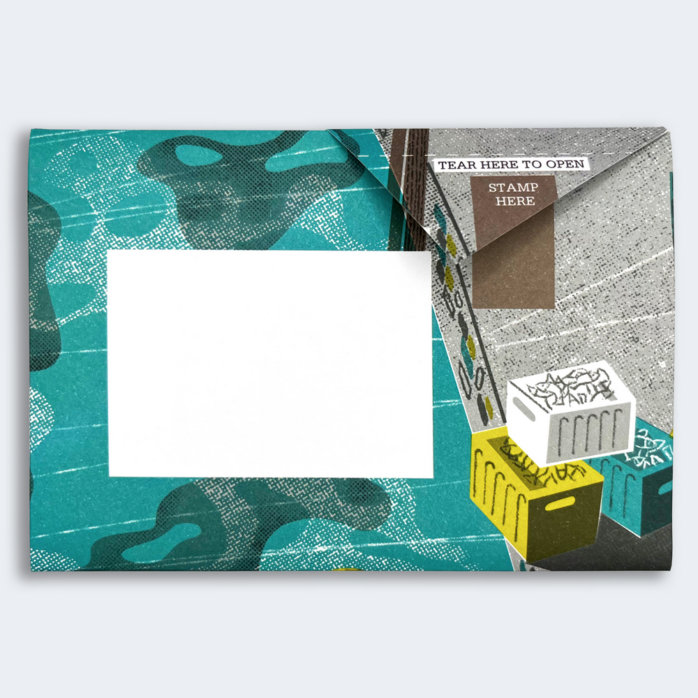 Pigeon Post- Safe Harbor sample with water and the dock illustration along with address area