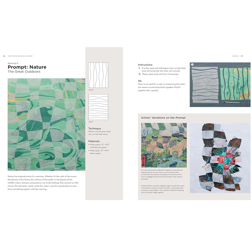 Page from a book featuring paper weaving projects with text.