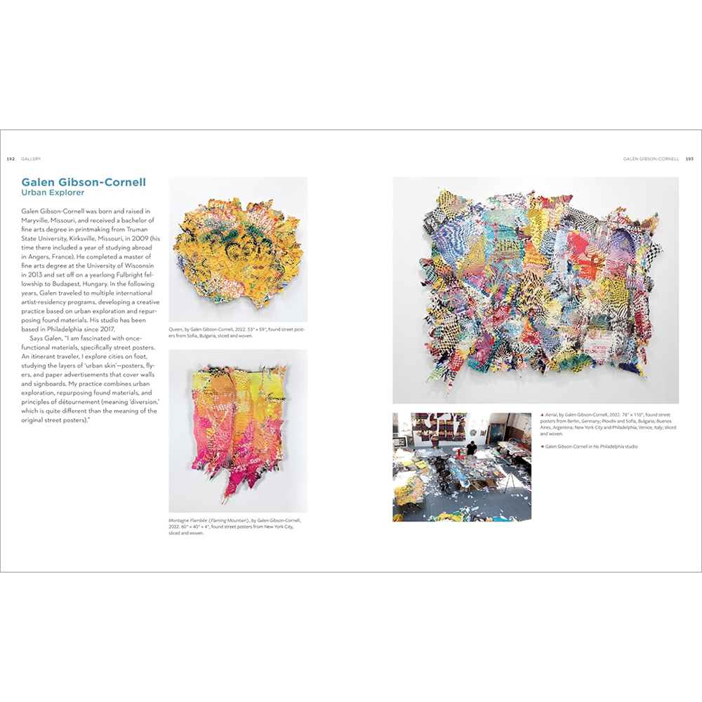 Artistic display of colorful woven paper projects  with text on a white background