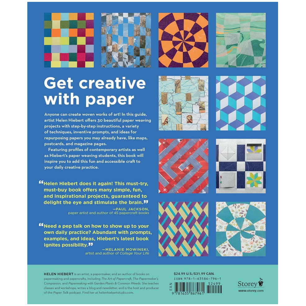 Back book cover with colorful paper art projects and text on a blue background