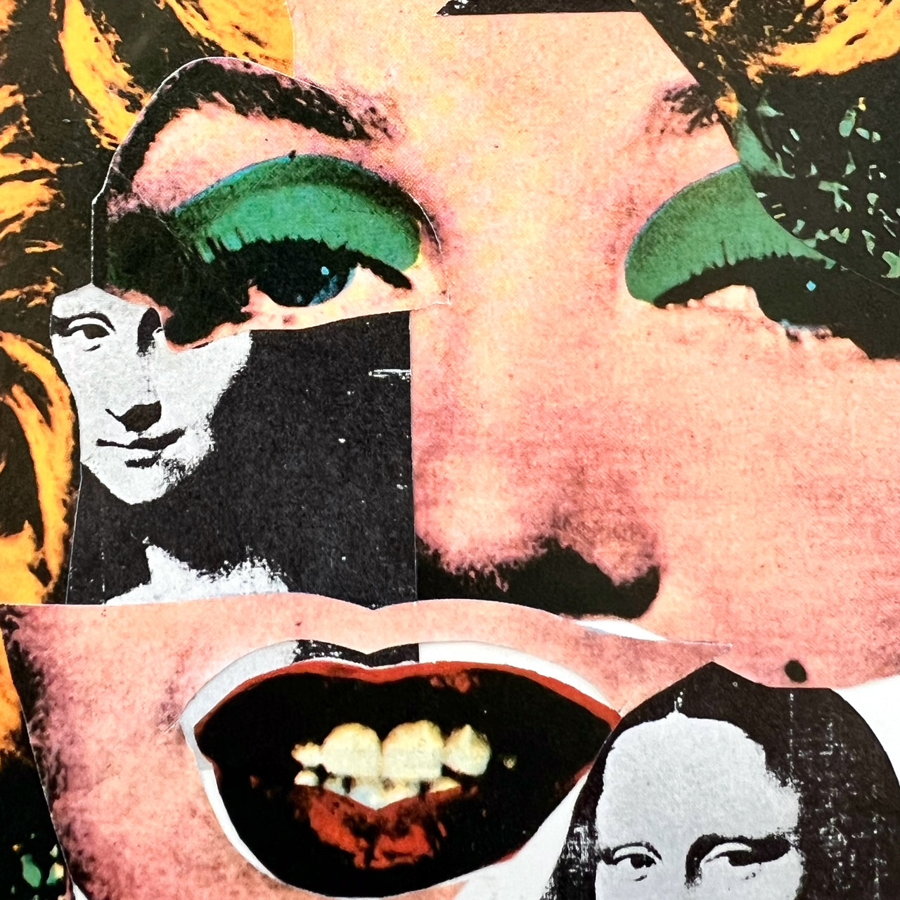 A close-up collage-style artwork featuring a large pink-toned face with black-and-white cutout portraits of a woman's face and open lips showing teeth, overlaid with bright green eye shapes and yellow hair-like marks.