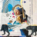 A mixed-media collage artwork featuring a central portrait of a woman in a blue headscarf and gold-trimmed torn paper border, surrounded by abstract blue shapes, newspaper clippings, text fragments, and two black panther silhouettes at the bottom.