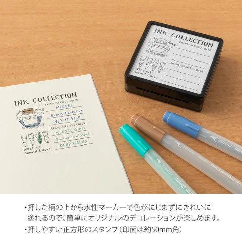 Midori Stamp Pad- Ink Collection stamp- sample stamp with colored inks used on it shown in image
