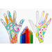 Art-Filled Hand class samples with 2 hand line drawings filled in with patterns and colors shown with colored pencils