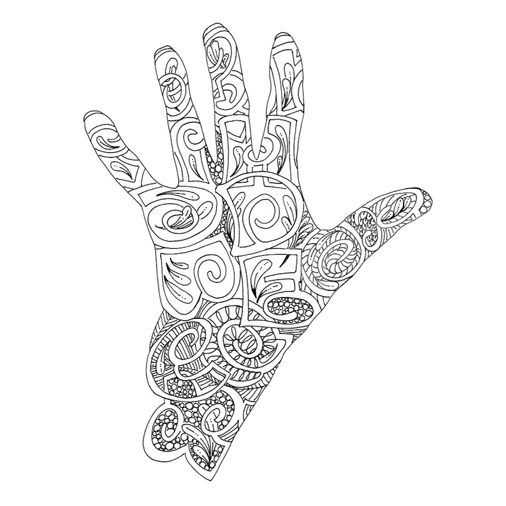 Art-Filled Hand class sample with hand line drawing filled in with patterns