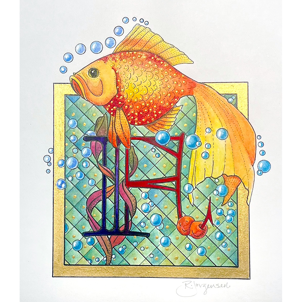 Illuminated Letter - Using Metallic Paints class sample letter "F" with goldfish