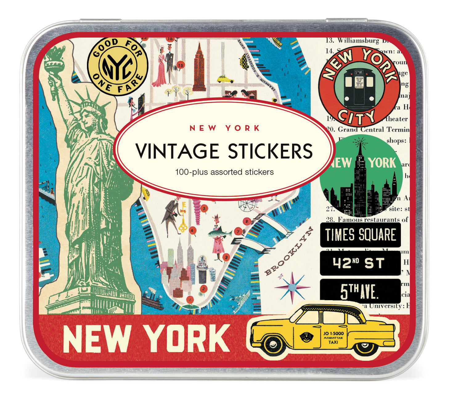 Cavallini & Co. New York City Decorative Stickers- Packaging of New York vintage stickers with iconic landmarks and text.