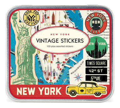 Cavallini & Co. New York City Decorative Stickers- Packaging of New York vintage stickers with iconic landmarks and text.