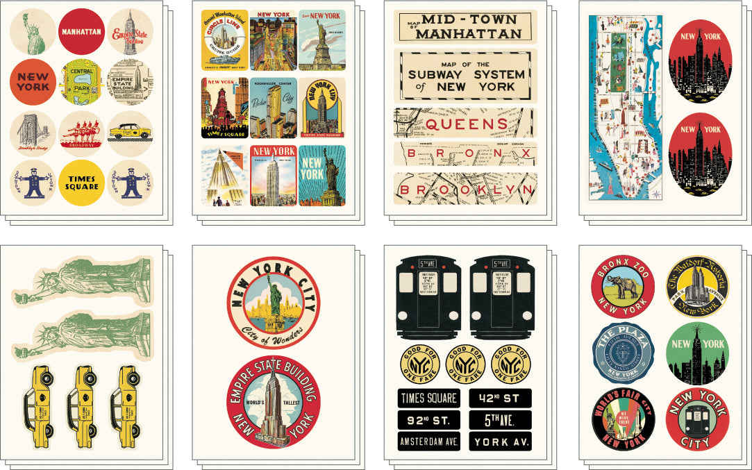 Cavallini & Co. New York City Decorative Stickers- image showing collection of New York-themed stickers and posters on a white background