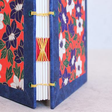 Decorative journal spine detail with floral patterns and yellow string binding on a light gray background