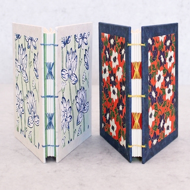 Two open books showing decorative spine stitching pattern with floral covers on a light gray background