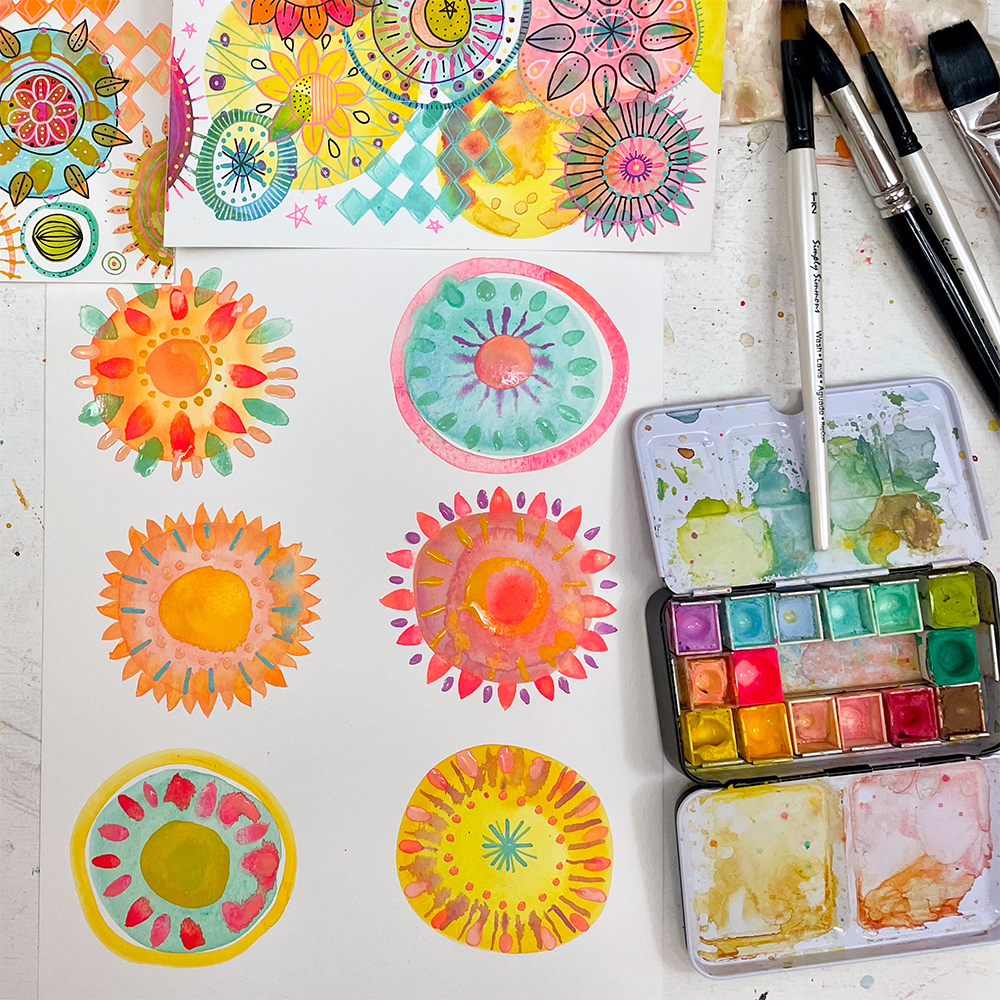 Watercolor Medallions works in progress with supplies