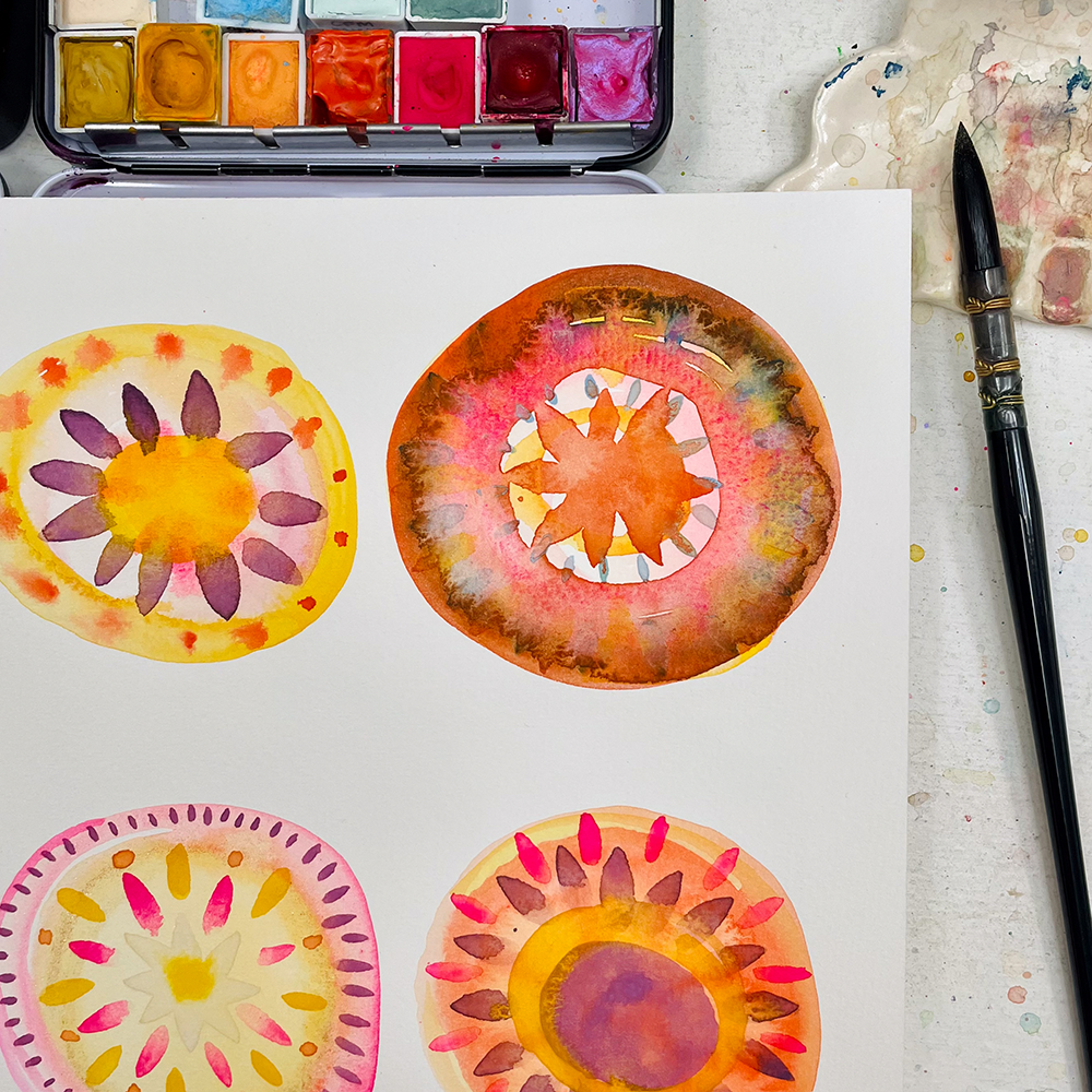 Watercolor Medallions works in progress with supplies