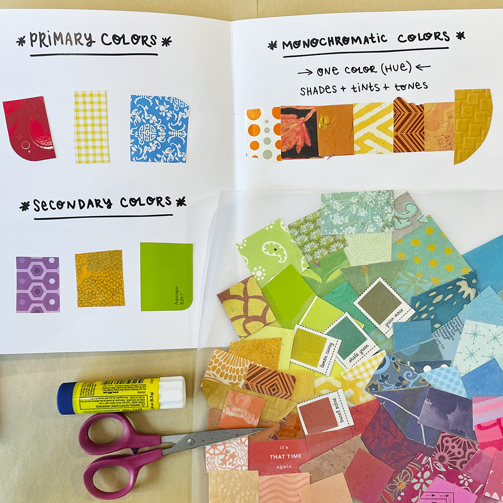 Discovering Your Intuitive Colors class color swatches in book with supplies