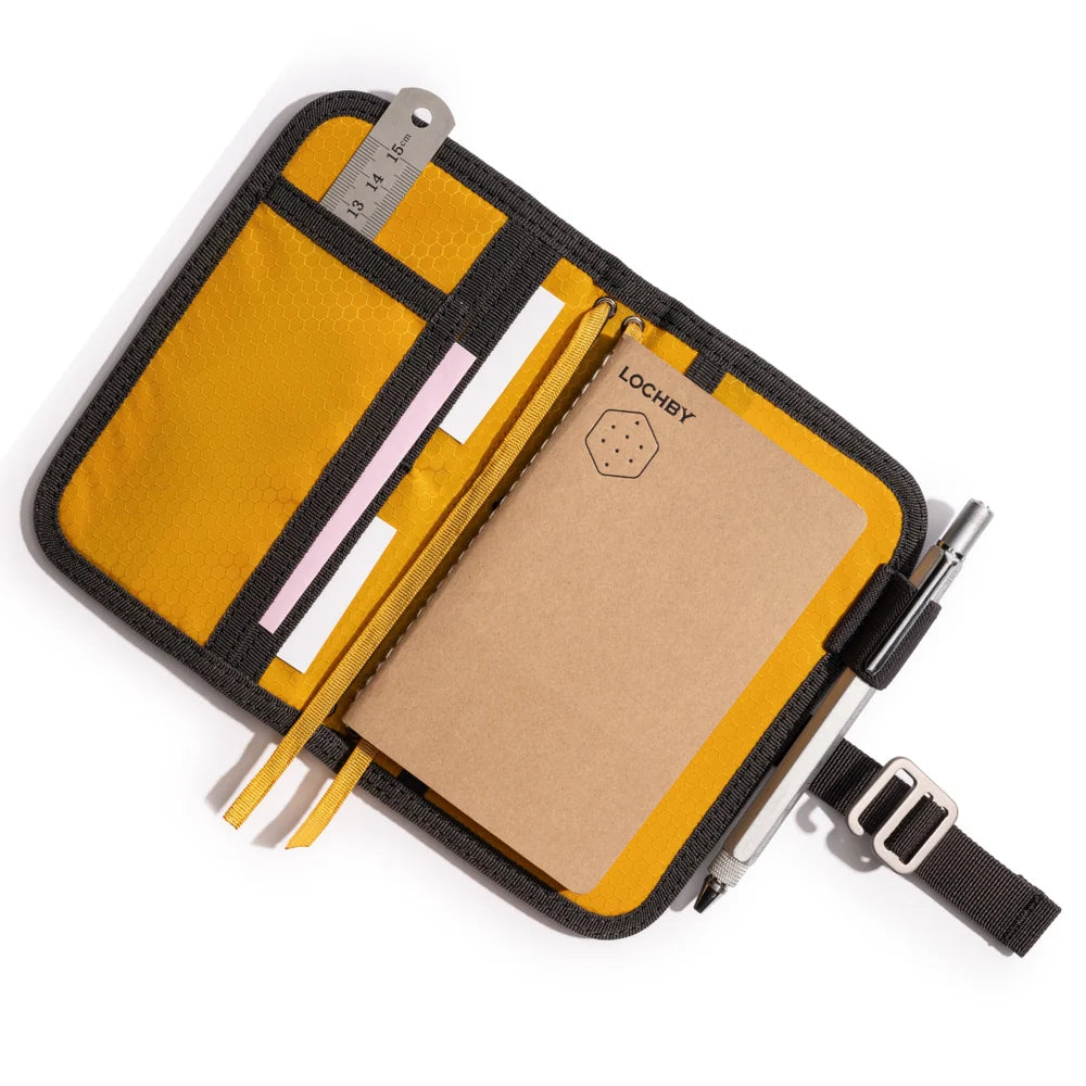Lochby Mini Field Journal- black with yellow interior- comes with one dot grid notebook (accessories shown not included)