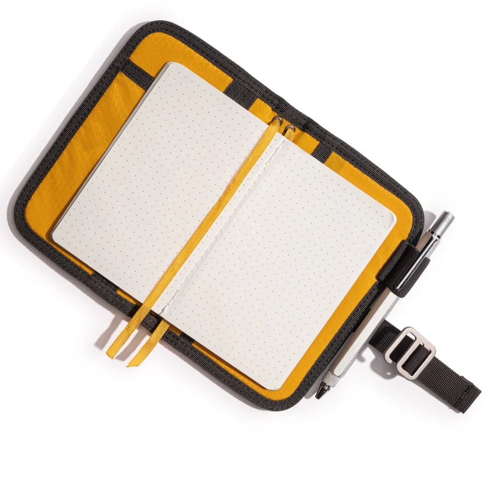 Lochby Mini Field Journal- black with yellow interior- comes with one dot grid notebook (accessories shown not included)