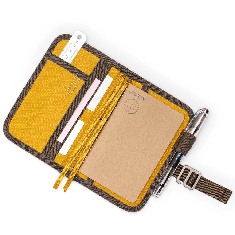 Lochby Mini Field Journal- brown with yellow interior- comes with one dot grid notebook (accessories shown not included)
