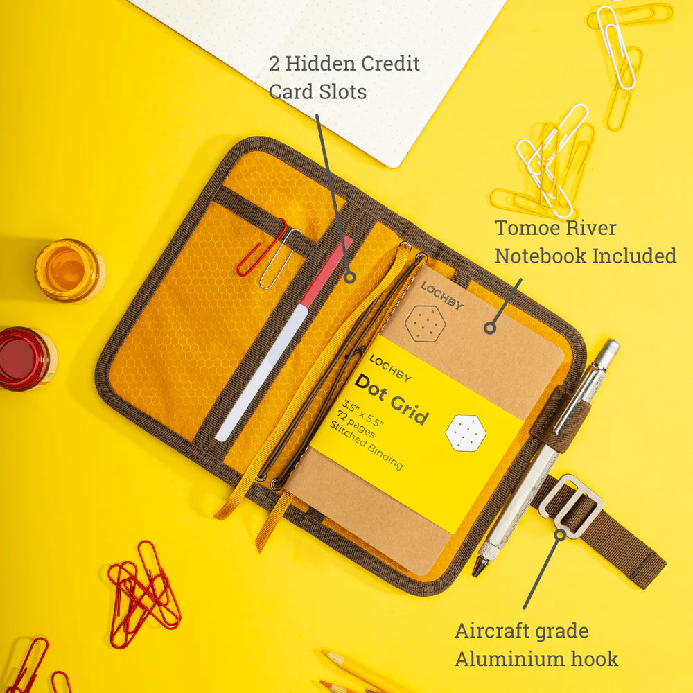 Lochby Mini Field Journal- brown with yellow interior- comes with one dot grid notebook (accessories shown not included)