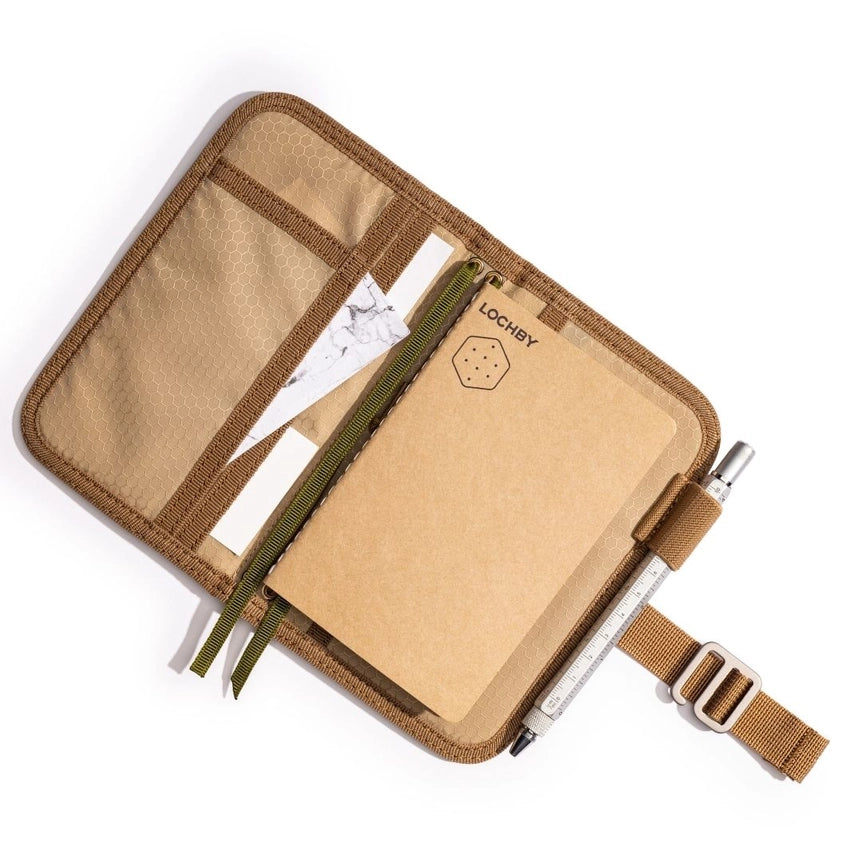 Lochby Mini Field Journal- olive with beige interior showing interior with one notebook