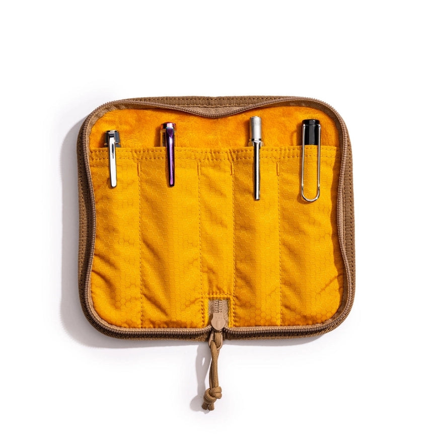 Lochby Quatro Pen Pouch- V2- opened, showing yellow interior on white background