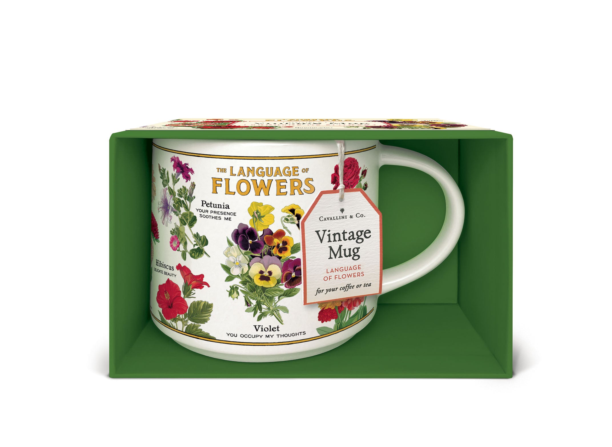 Cavallini & Co. Language of Flowers Ceramic Mug shown in box