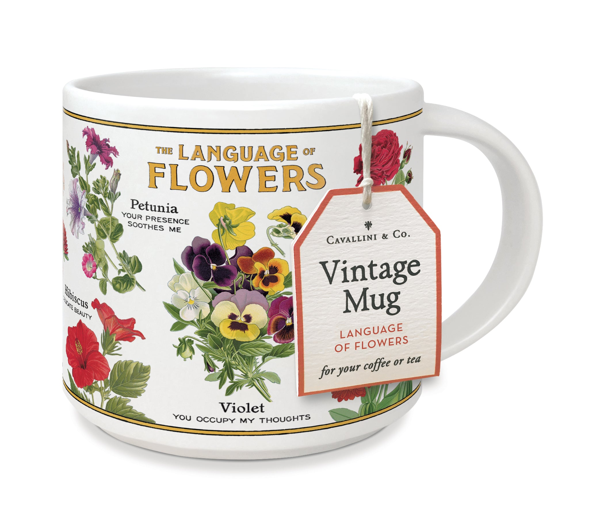 Cavallini & Co. Language of Flowers Ceramic Mug with hanging tag shown