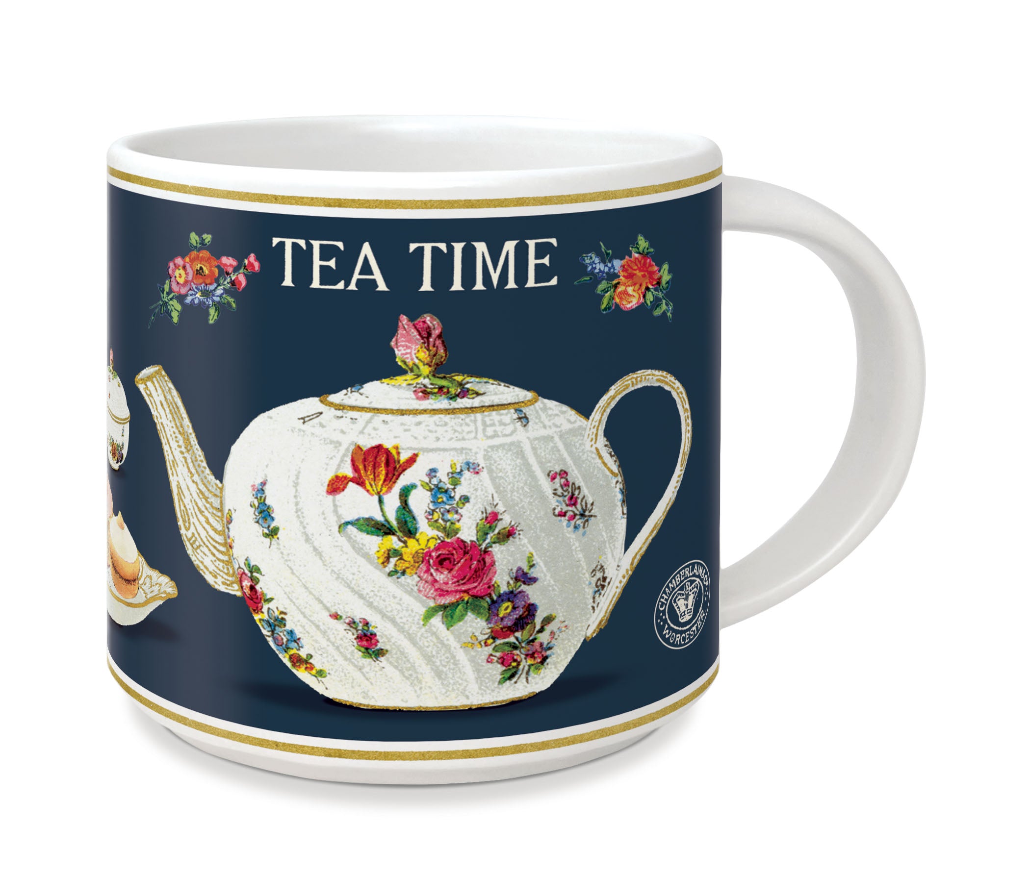 Cavallini & Co. Tea Time Ceramic Mug with floral teapot design and 'TEA TIME' text on a navy background