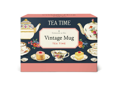 Cavallini & Co. Tea Time Ceramic Mug- Tea time-themed packaging with vintage mugs and teapots on a blue background