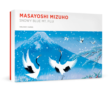 A boxed holiday card set by "MASAYOSHI MIZUHO titled "SNOWY BLUE MT. FUJI" on a clean white background.