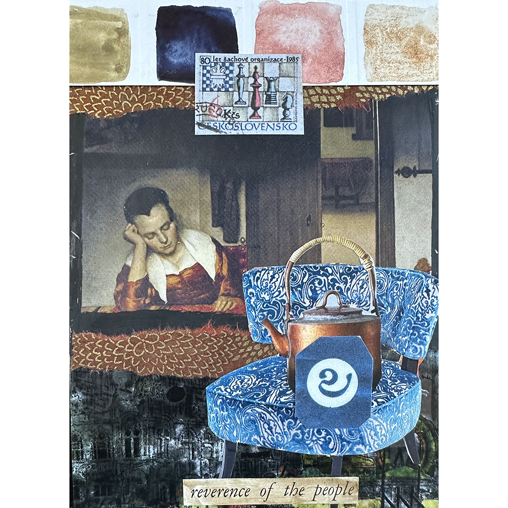 Altered Postcards Class Sample with watercolor swatches, painting of a woman reading, blue chair, teapot