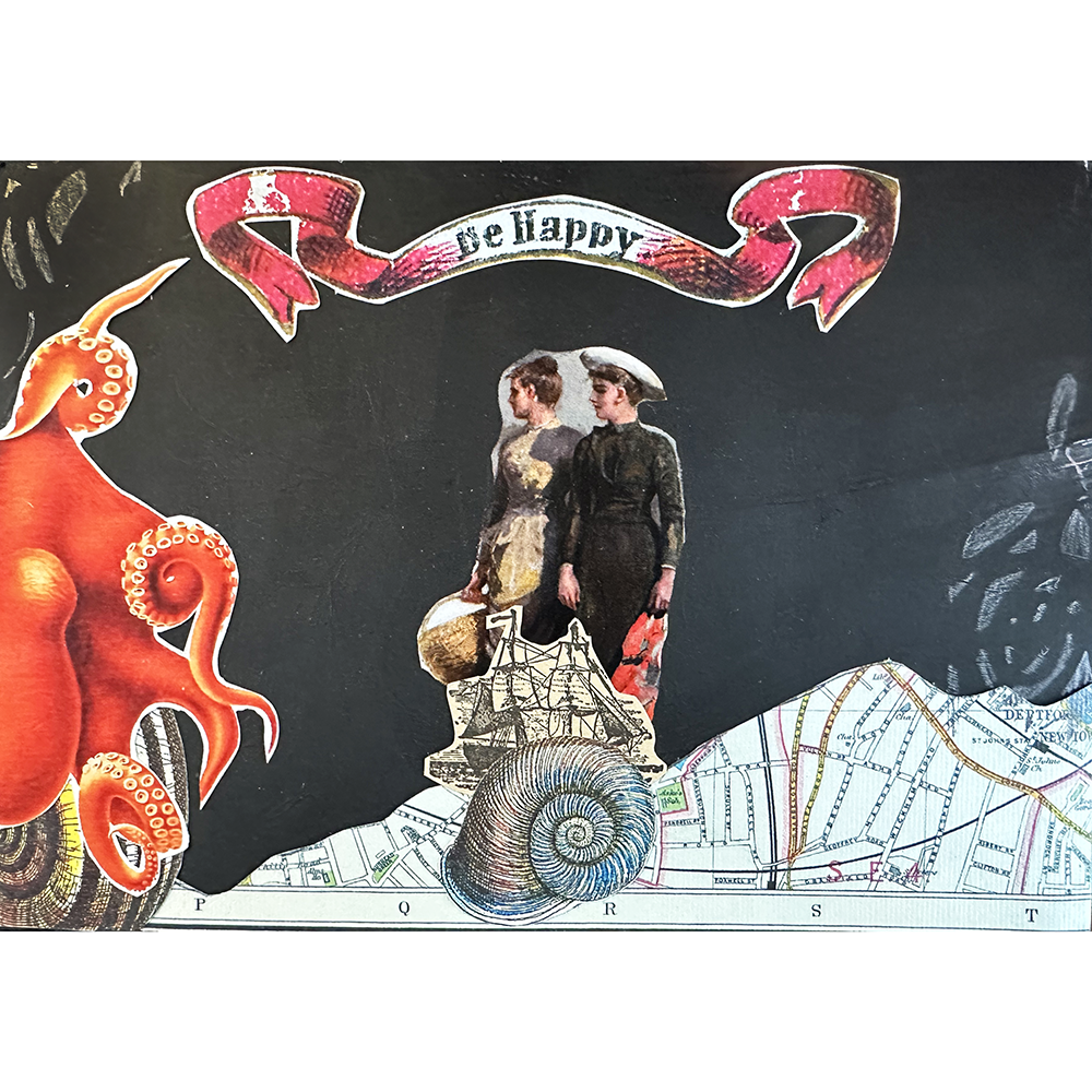 Altered Postcards Class Sample- Victorian women with ship, map, and "Be Happy" banner