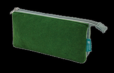 Itoya Profolio Midtown Pouch in Forest/Stone- green felt pouch with a gray zipper and a small blue-green brand tag.