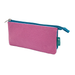 A pink felt zippered pouch with a teal zipper, pull tab, and side tag, shown on a plain white background.