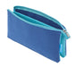 A blue felt zipper pouch with a teal interior lining and a silver metal zipper pull, shown open on a white background.