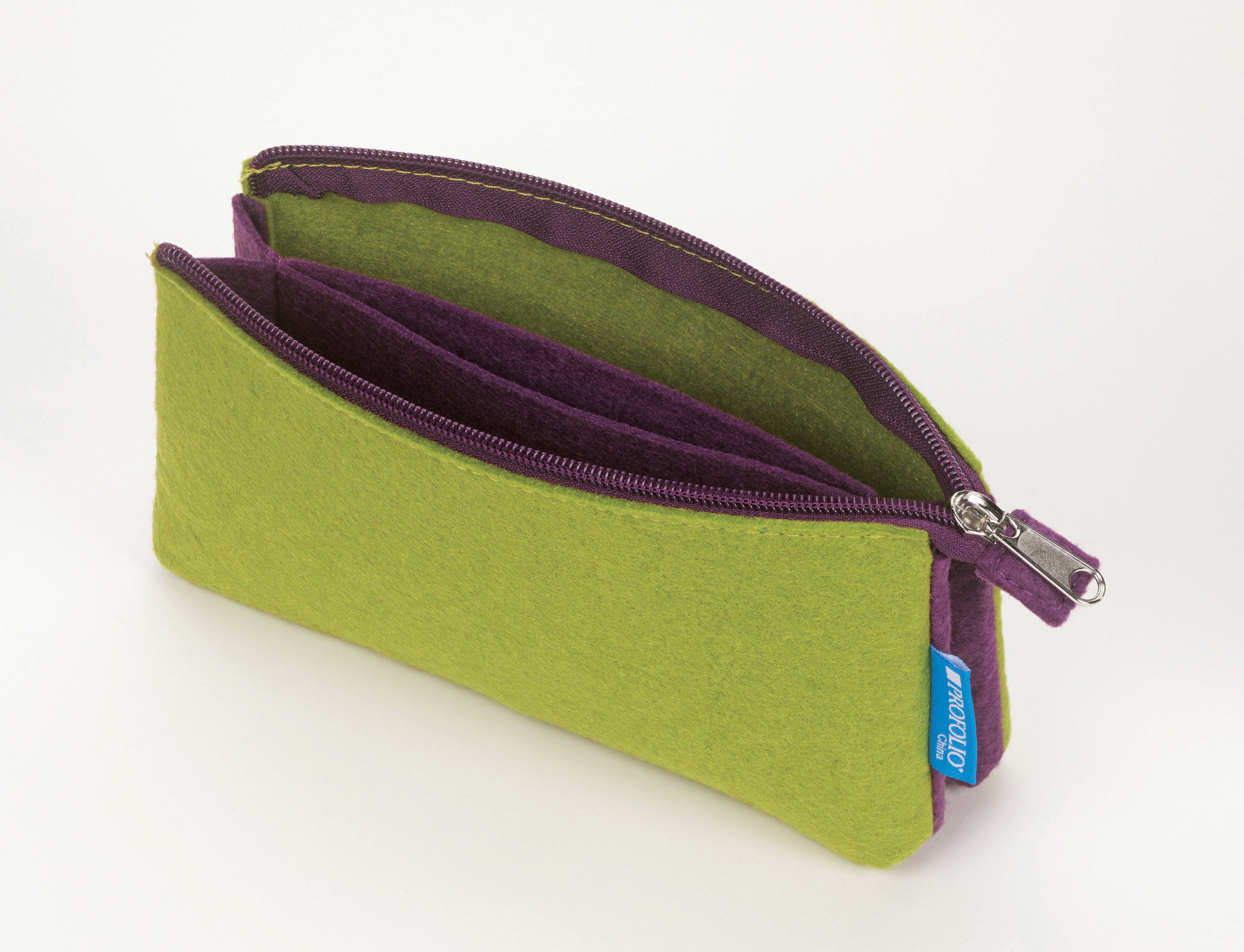 A lime green felt zipper pouch with a purple interior lining and a silver metal zipper pull, shown open on a white background.