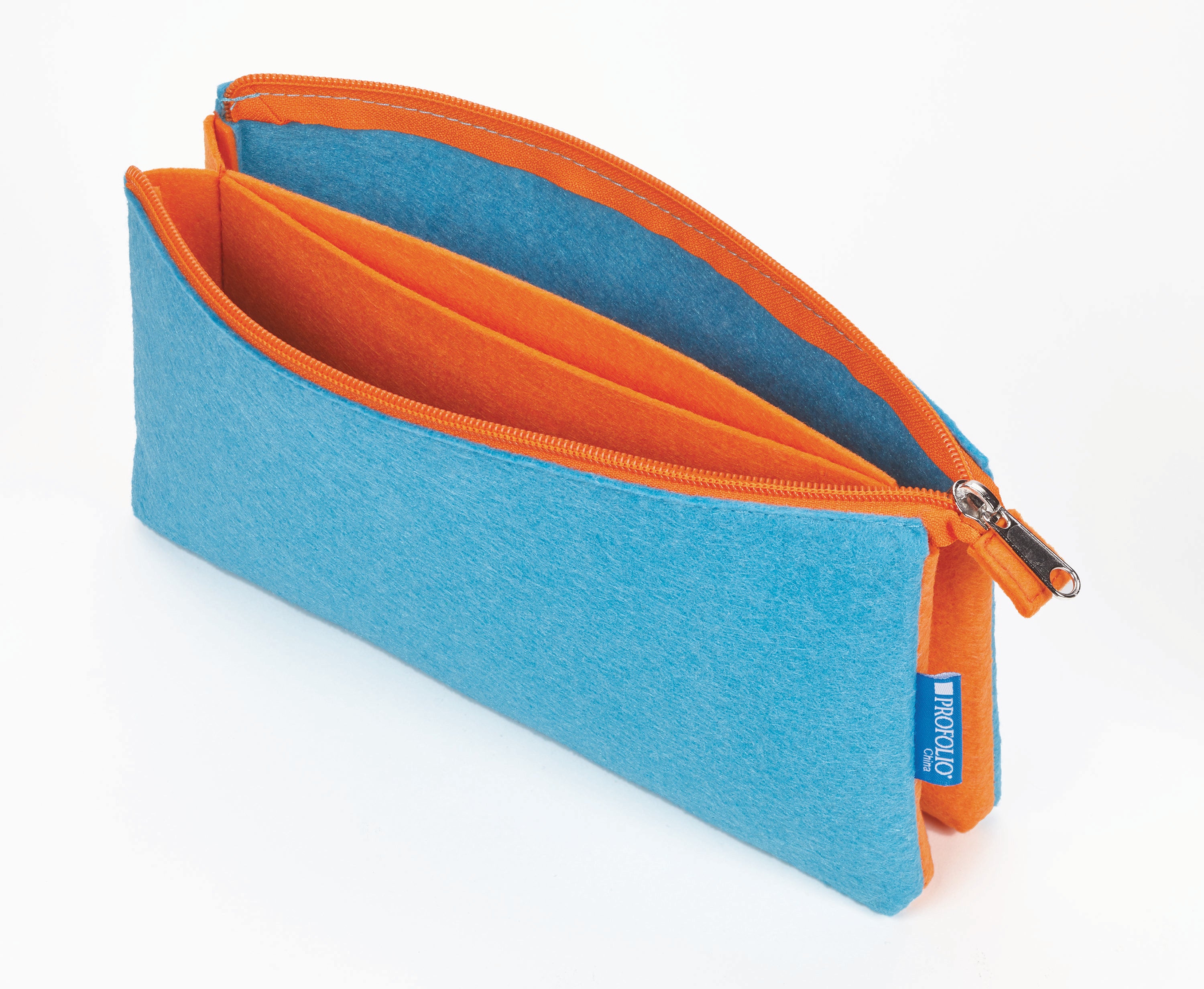 A blue felt pencil case with an orange zipper and orange interior lining, shown open on a white background. 