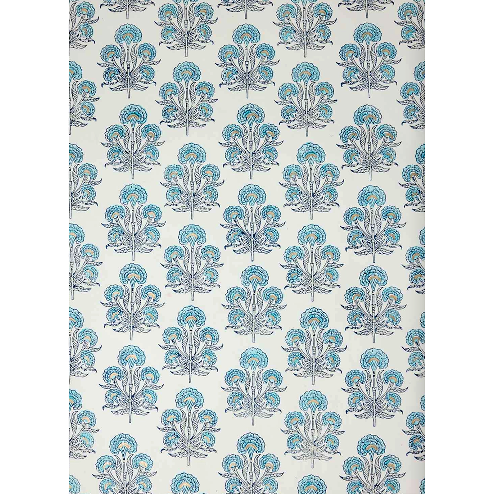 Floral-patterned paper with turquoise and dark blue flowers on a white background with gold accents- full sheet