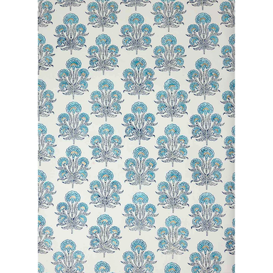 Floral-patterned paper with turquoise and dark blue flowers on a white background with gold accents- full sheet