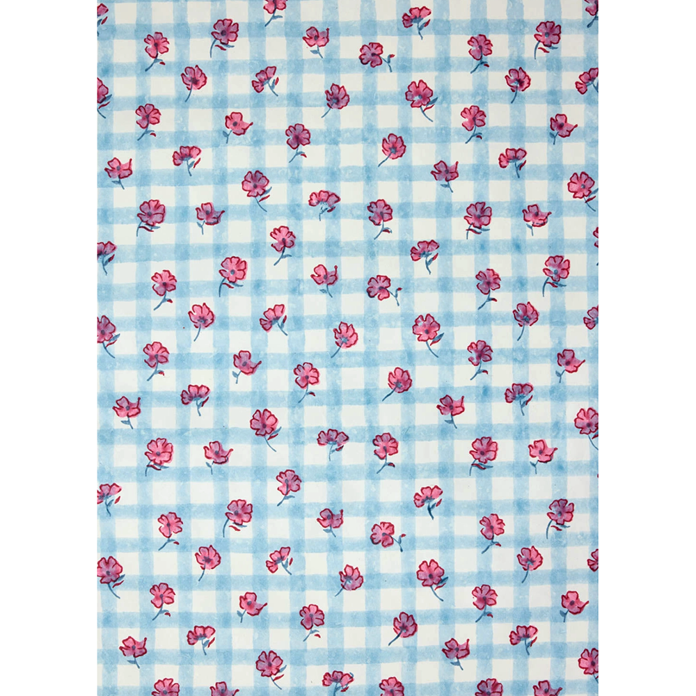 Floral-patterned paper with pink flowers on a blue and white checkered background- full sheet