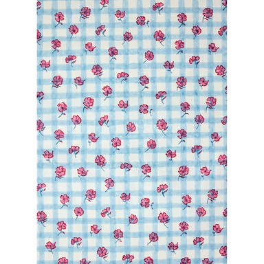 Floral-patterned paper with pink flowers on a blue and white checkered background- full sheet