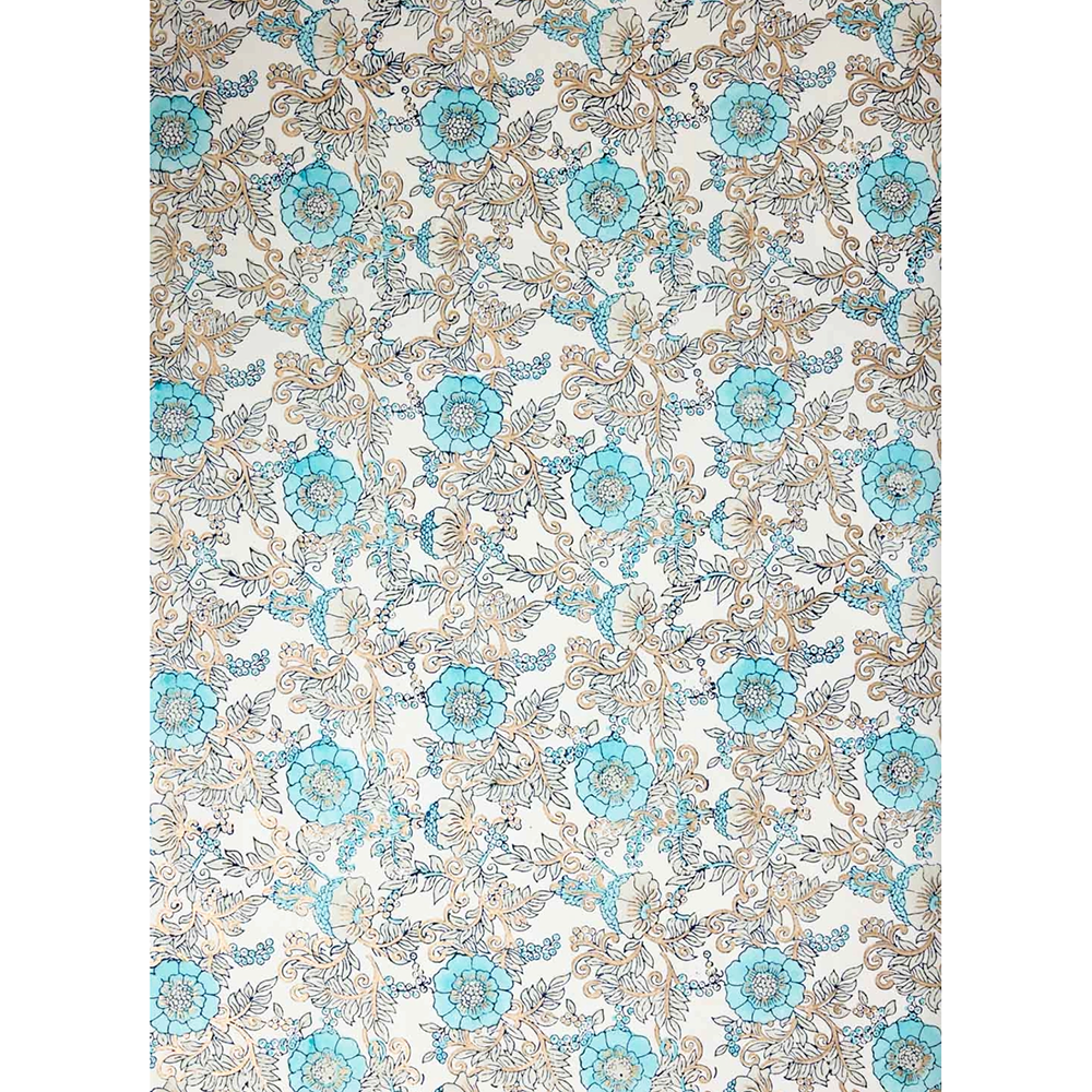 Wild rose and leaf patterned paper with turquoise and dark blue on a white background with gold accents- full sheet