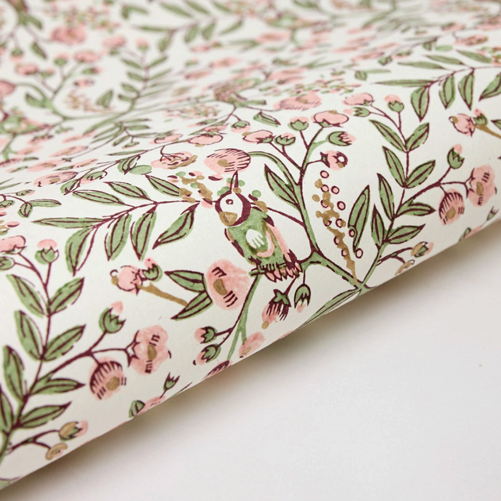 Handmade Indian Cotton Paper- Block Printed birds with green leaves, pink berries, and gold accents- detail
