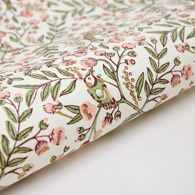 Handmade Indian Cotton Paper- Block Printed birds with green leaves, pink berries, and gold accents- detail