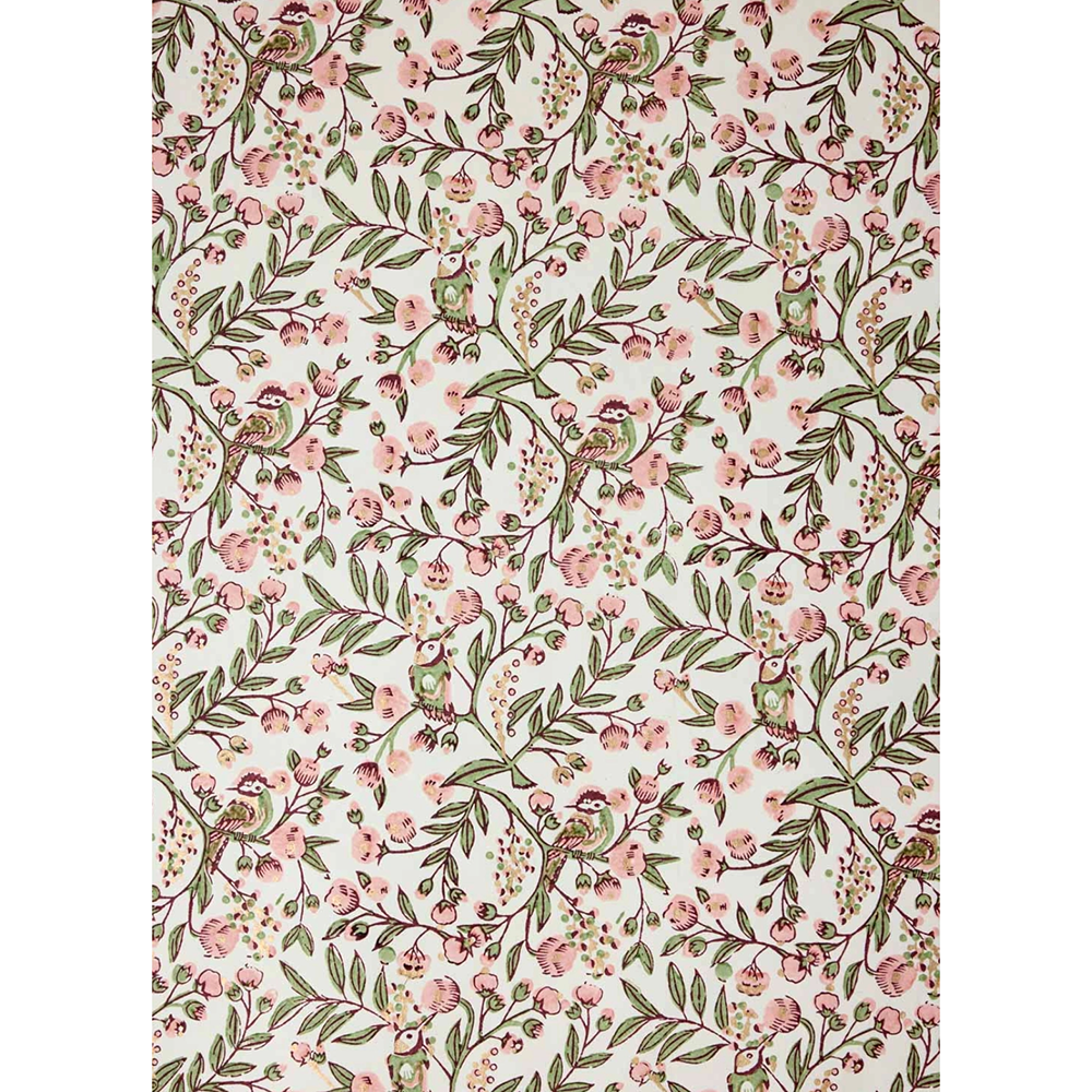 Handmade Indian Cotton Paper- Block Printed birds with green leaves, pink berries, and gold accents- full sheet