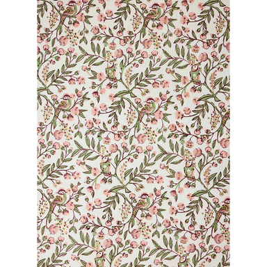 Handmade Indian Cotton Paper- Block Printed birds with green leaves, pink berries, and gold accents- full sheet