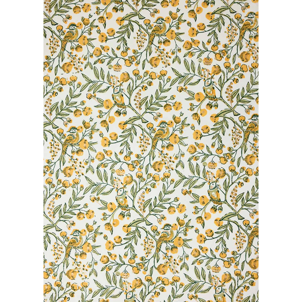 Floral and bird patterned paper with yellow flowers and green leaves on a white background- full sheet