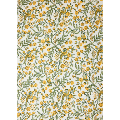 Floral and bird patterned paper with yellow flowers and green leaves on a white background- full sheet