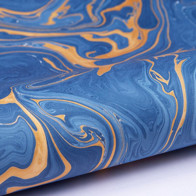 Handmade marbled paper "free spirit" shades of dark blue with gold- detail
